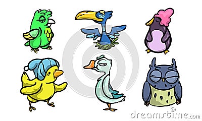 Cute funny colorful birds enjoying life vector illustration Vector Illustration