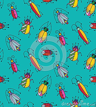 Cute funny colorful insects bugs beetles doodles seamless vector pattern Vector Illustration