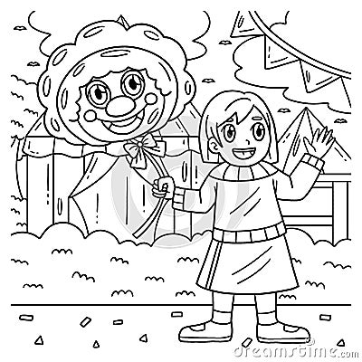 Circus Child with a Clown Balloon Coloring Page Vector Illustration