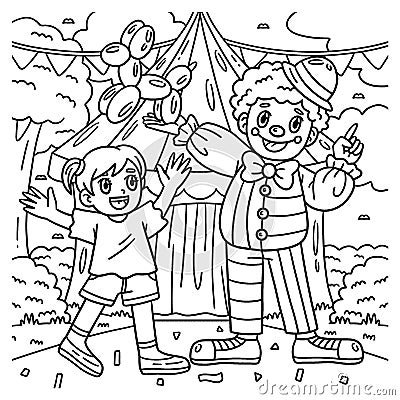 Circus Child and Clown Coloring Page for Kids Vector Illustration