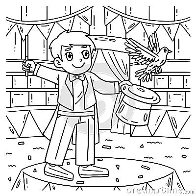 Circus Magician with a Hat and Dove Coloring Page Vector Illustration