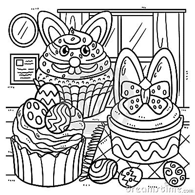 Easter Cupcakes Coloring Page for Kids Vector Illustration