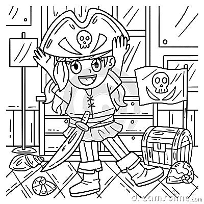 Girl Putting on Pirate Hat Coloring Page for Kids Vector Illustration