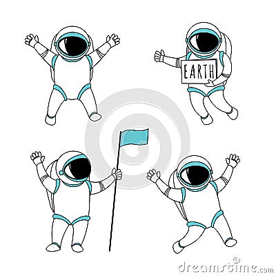 Funny astronaut spaceman characters exploring outer space Vector Illustration