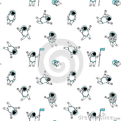 Funny astronaut spaceman characters exploring outer space seamless background pattern Vector Illustration