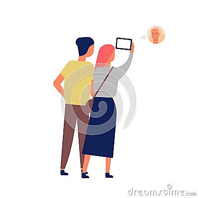 Cute funny couple video chatting with friend via smartphone. Young man and woman using mobile phone for videoconference Vector Illustration