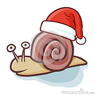 Cute and funny crawling snail wearing Santa`s hat for Christmas Vector Illustration