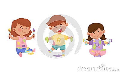 Cute funny creative boy and girls in stained clothes painting with paints and brushes set cartoon vector illustration Vector Illustration