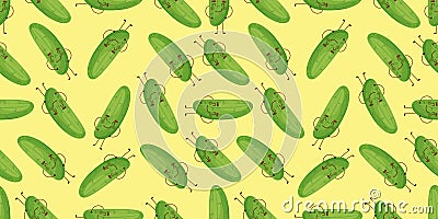 Cute and funny cucumber cartoon characters smiling, having fun, dancing. Vector seamless pattern background. Vector Illustration