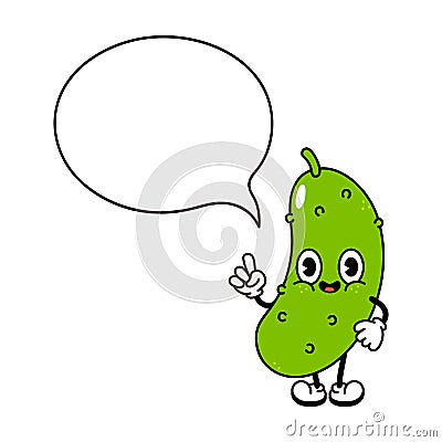 Cute funny Cucumber with speech bubble character. Vector hand drawn traditional cartoon vintage, retro, kawaii character Vector Illustration