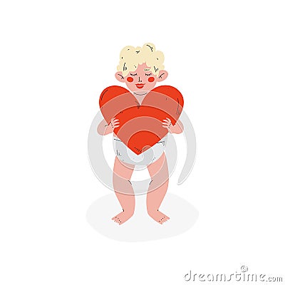 Cute Funny Cupid Holding Red Heart, Amur Baby Angel, Happy Valentine Day Symbol Vector Illustration Vector Illustration