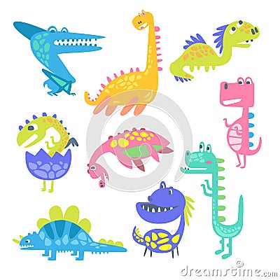 Cute funny dinosaurs. Collection of prehistoric animal characters vector Illustrations Vector Illustration