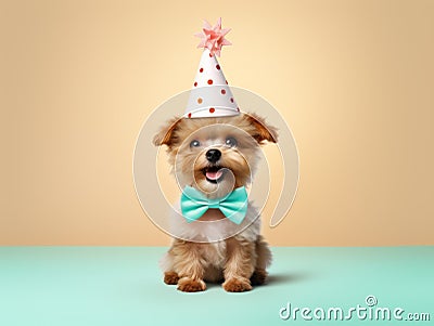 Cute funny dog in birthday cap on colorful background. Greetings card pattern Stock Photo