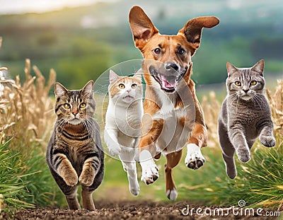 Cute funny dog and cat group jumps and running and happily a field blurred background Stock Photo