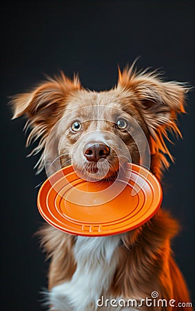 A cute and funny dog holding a frisbee in his mouth Stock Photo