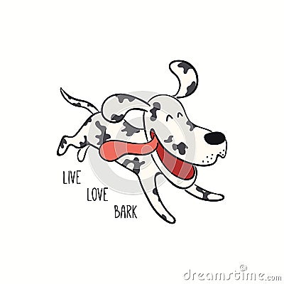 Cute funny dog puppy running, quote Live love bark Vector Illustration