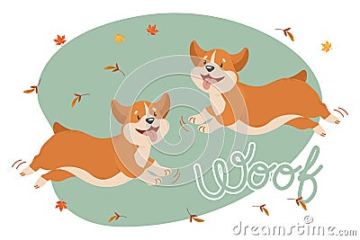 Cute funny dogs corgi in a jump and the text Woof. Children's illustration, vector Vector Illustration