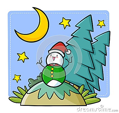 Cute and funny dressed snowman feeling happy under the crescent moon Stock Photo