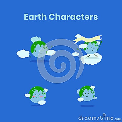 Cute and funny earth character collection for earth day Vector Illustration