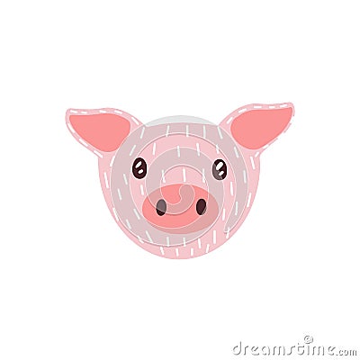 Cute funny face of mini pig. Amusing head portrait of piglet in doodle style. Lovely adorable snout of young domestic Vector Illustration