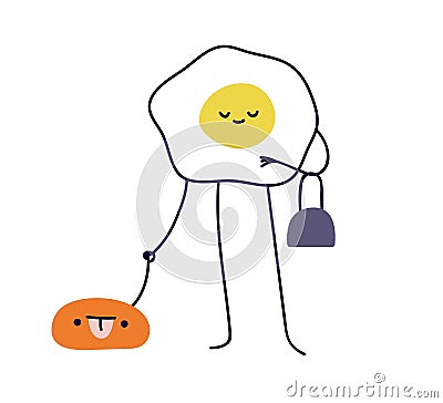 Cute funny fashion character with pet. Comic coll fried egg, modern stylish trendy yolk fashionista. Surreal fiction Vector Illustration