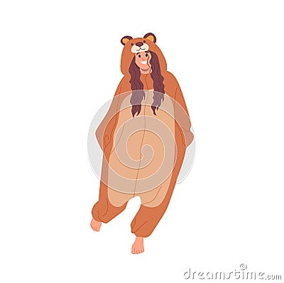 Cute funny female teenager cartoon character wearing bear kigurumi pajamas costume walking on white Vector Illustration