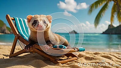 cute funny ferret on the beach vacation creative Stock Photo