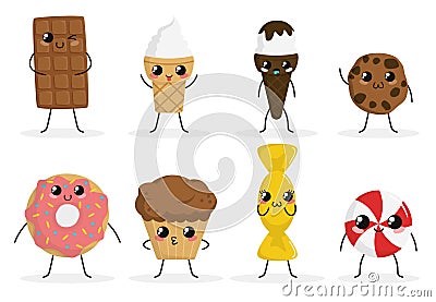 Cute funny food characters set isolated on white background. Sweets collection. Junk food. Ice cream, donut, cookies, candy, cake Vector Illustration