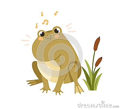 Cute funny frog croaking, singing. Amusing happy froggy, amphibian with music sounds, tune. Adorable comic kawaii toad Vector Illustration