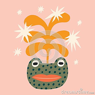 Cute funny frog face childish cartoon boho naive funky handdrawn style art Vector Illustration