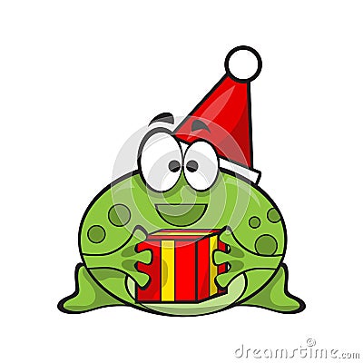 Cute and funny frog wearing Santa hat with gift for christmas Vector Illustration