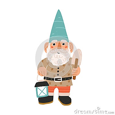 Cute and funny garden gnome or dwarf holding lantern and trowel. Hand-drawn fairytale character with curly beard and Vector Illustration