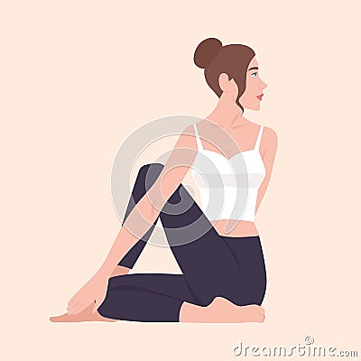 Cute funny girl in Matsyendrasana posture. Female cartoon character performing yoga, fitness or gymnastics exercise Vector Illustration