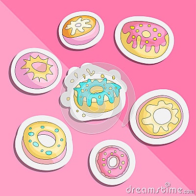 Cute funny Girl teenager colored icon set sticker donuts, fashion cute teen and princess icons. Magic fun cute patch Vector Illustration