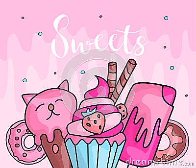 Cute funny Girl teenager colored icon set sweets, fashion cute teen and princess icons. Magic fun cute girls cupcake Vector Illustration