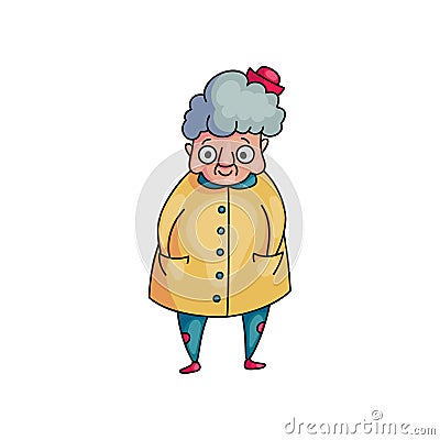 Cute funny grandmother with grey hair and yellow coat Vector Illustration