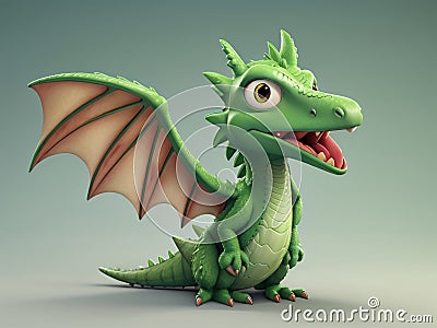 Cute and funny green furry prehistoric dragon monster Stock Photo
