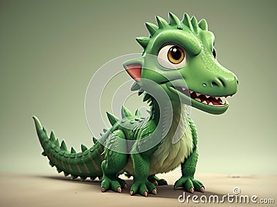 Cute and funny green furry prehistoric dragon monster Stock Photo