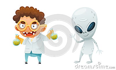 Cute funny Halloween characters set. Mad scientist and alien cartoon vector illustration Vector Illustration