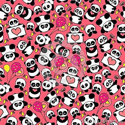 Cute and funny hand drawn pandas with hearts design seamless pattern vector Vector Illustration