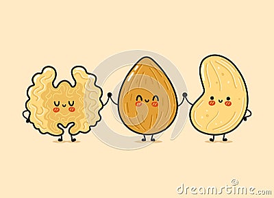 Cute, funny happy almonds, Walnut and cashews nut. Vector hand drawn cartoon kawaii characters, illustration icon. Funny Vector Illustration