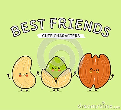 Cute, funny happy pecan, pistachio and cashews nut. Vector hand drawn cartoon kawaii characters, illustration icon Vector Illustration