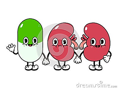 Cute, funny happy kidneys and pill character. Vector hand drawn cartoon kawaii characters, illustration icon. Funny Vector Illustration