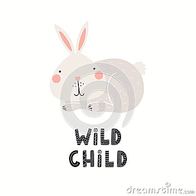 Cute funny hare character, text Wild child Vector Illustration