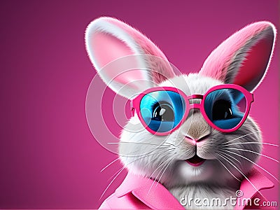 Cute funny hare in sunglasses. Portrait of a rabbit on a dark pink background. Stock Photo