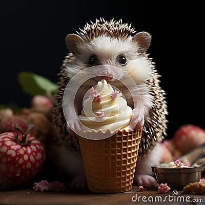 Cute funny hedgehog holds ice cream cone toy in its paws. generative ai Stock Photo