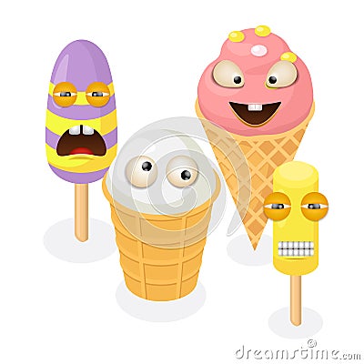 Cute funny ice cream characters vector illustration. Colorful ice cream cone waffle, popsicle on steak. Frozen sweet Vector Illustration