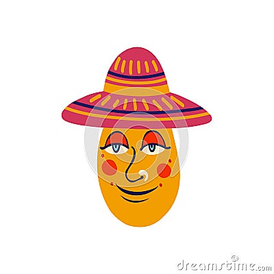 funny kind character in Mexican hat. Strange ugly Halloween character. Cute bizarre comic demon in modern flat hand Vector Illustration