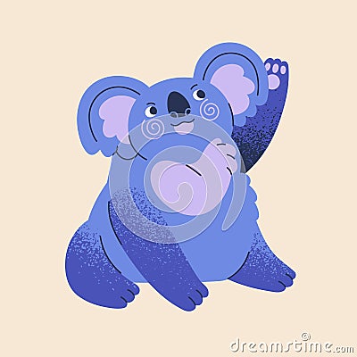 Cute funny koala bear sitting, greeting smb with paw gesture. Adorable amusing fluffy chubby baby character, chunky Vector Illustration