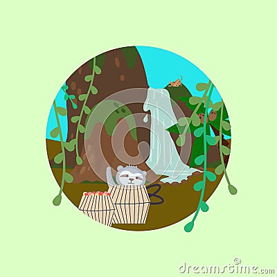 Cute funny koala peeping out of basket. Jungle animal character in nature landscape with mountaine Vector Illustration